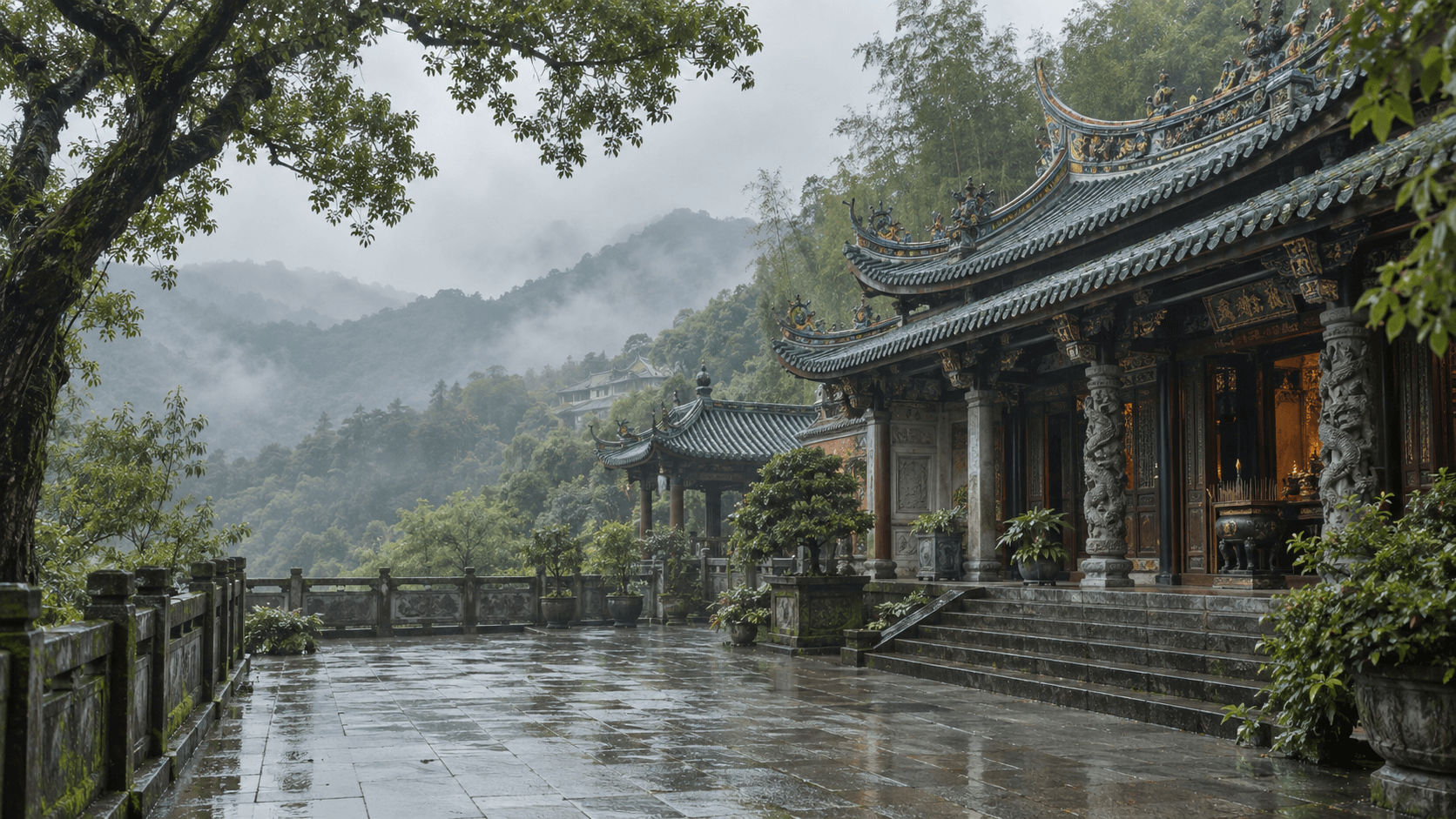 竹北清雲寺雨後廟埕